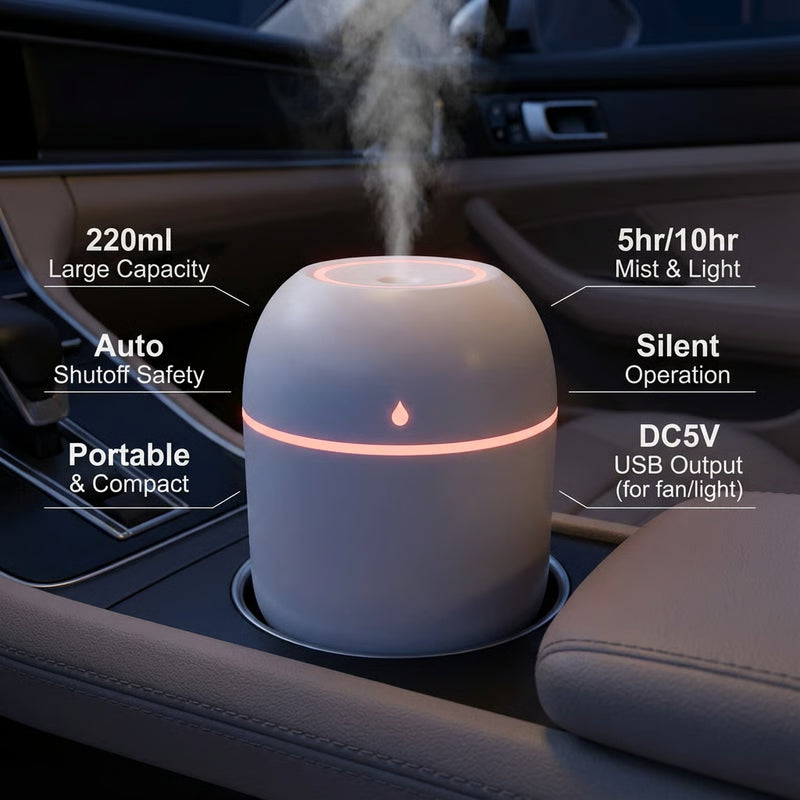Portable USB Ultrasonic Humidifier & Essential Oil Diffuser for Car & Home