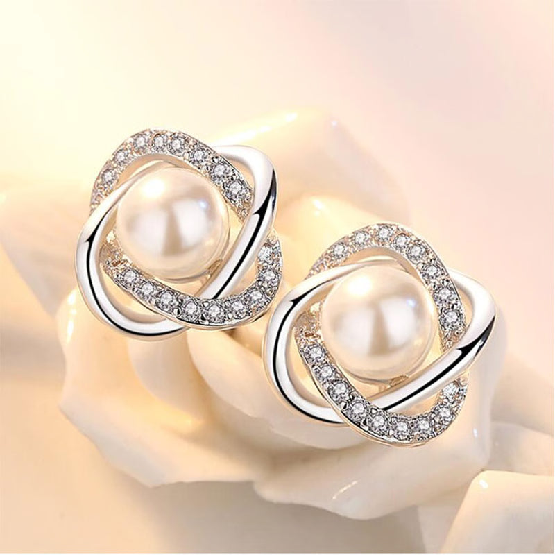 925 Sterling Silver Luxury Stud Earrings with Zircon and Pearl Twist for Women - Elegant Brincos Pendientes Bijoux