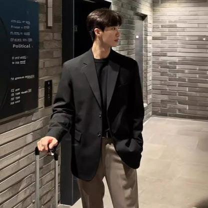 Trendy Men's Casual Blazer, Autumn Loose Fit Black Jacket, Western Style Single Breasted Dongdaemun Fashion