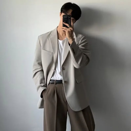 Trendy Men's Casual Blazer, Autumn Loose Fit Black Jacket, Western Style Single Breasted Dongdaemun Fashion