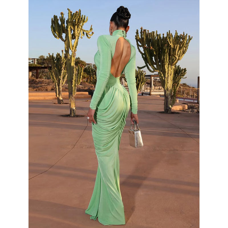 Autumn Weird Puss Maxi Dress Women Turtleneck Full Sleeve Backless Skinny Stretch Party Prom Elegant Ruched Vestidos