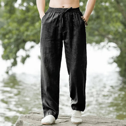 Mens Cotton Linen Beach Pants Casual Summer Joggers Loose Fit Trousers