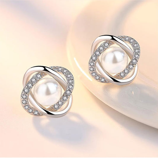 925 Sterling Silver Luxury Stud Earrings with Zircon and Pearl Twist for Women - Elegant Brincos Pendientes Bijoux