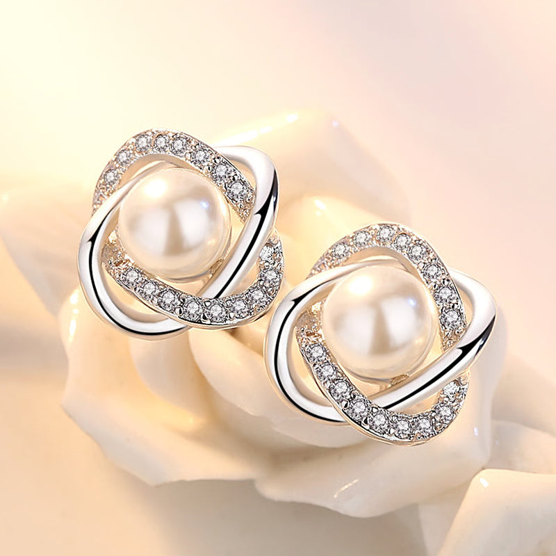 925 Sterling Silver Luxury Stud Earrings with Zircon and Pearl Twist for Women - Elegant Brincos Pendientes Bijoux