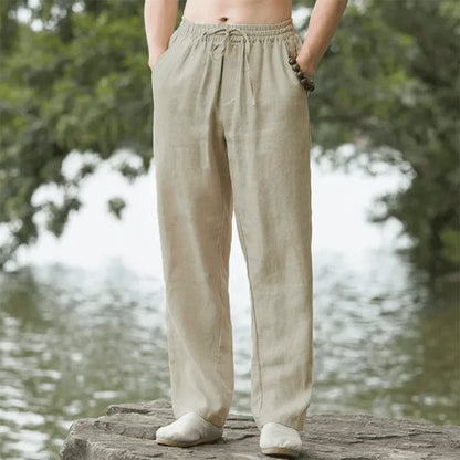 Mens Cotton Linen Beach Pants Casual Summer Joggers Loose Fit Trousers