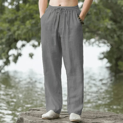 Mens Cotton Linen Beach Pants Casual Summer Joggers Loose Fit Trousers