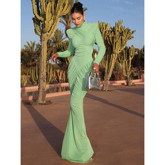 Autumn Weird Puss Maxi Dress Women Turtleneck Full Sleeve Backless Skinny Stretch Party Prom Elegant Ruched Vestidos