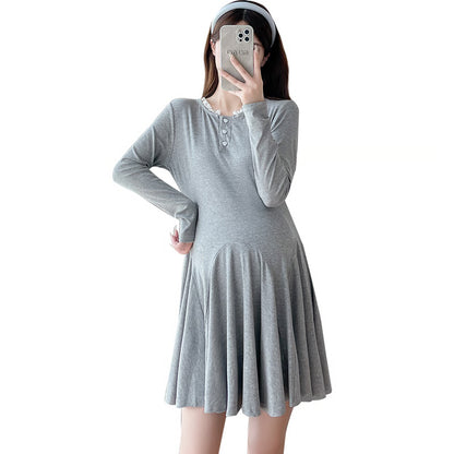 Elegant Korean Style Maternity Dress, A-Line Pleated Design Long Sleeve Lace Pregnant Dress for Women