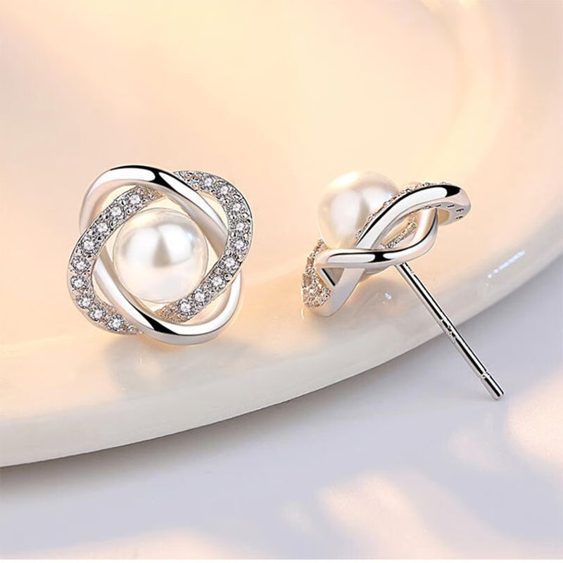 925 Sterling Silver Luxury Stud Earrings with Zircon and Pearl Twist for Women - Elegant Brincos Pendientes Bijoux