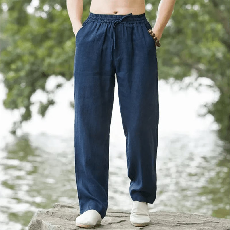 Mens Cotton Linen Beach Pants Casual Summer Joggers Loose Fit Trousers