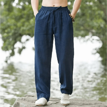 Mens Cotton Linen Beach Pants Casual Summer Joggers Loose Fit Trousers