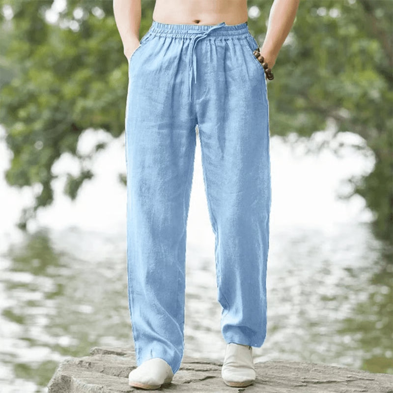 Mens Cotton Linen Beach Pants Casual Summer Joggers Loose Fit Trousers