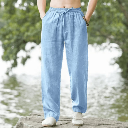Mens Cotton Linen Beach Pants Casual Summer Joggers Loose Fit Trousers