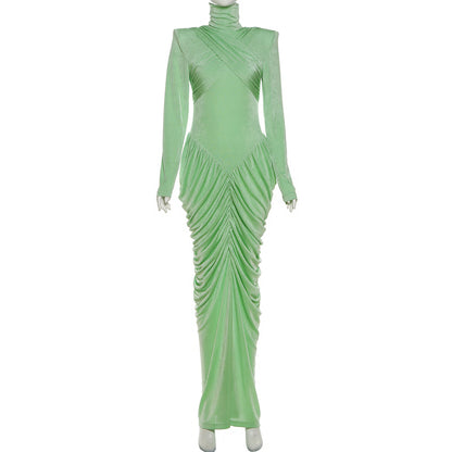 Autumn Weird Puss Maxi Dress Women Turtleneck Full Sleeve Backless Skinny Stretch Party Prom Elegant Ruched Vestidos