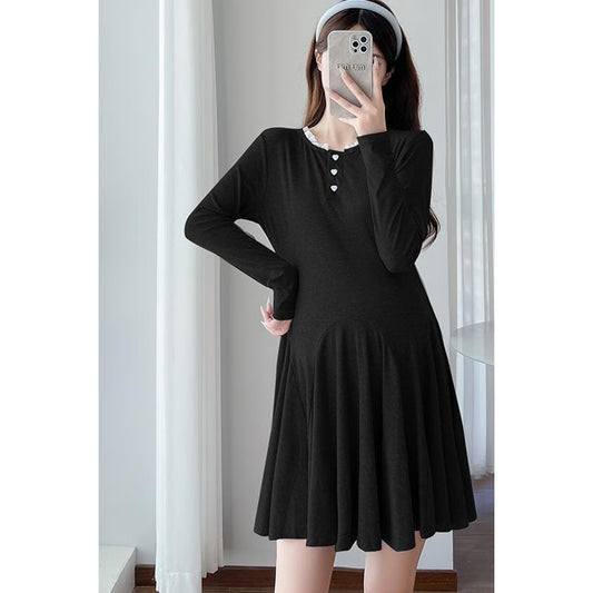 Elegant Korean Style Maternity Dress, A-Line Pleated Design Long Sleeve Lace Pregnant Dress for Women