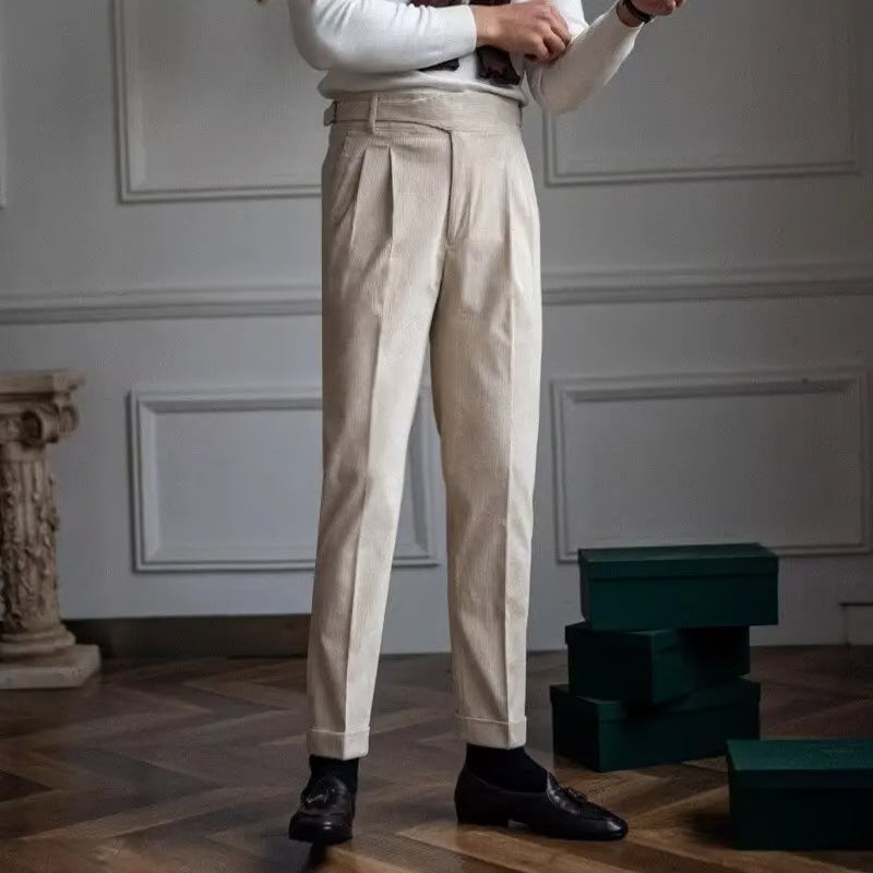 Mens Vintage Corduroy Trousers, British Business Style, High Waisted Straight Leg Pants, Luxury Autumn Winter Casual