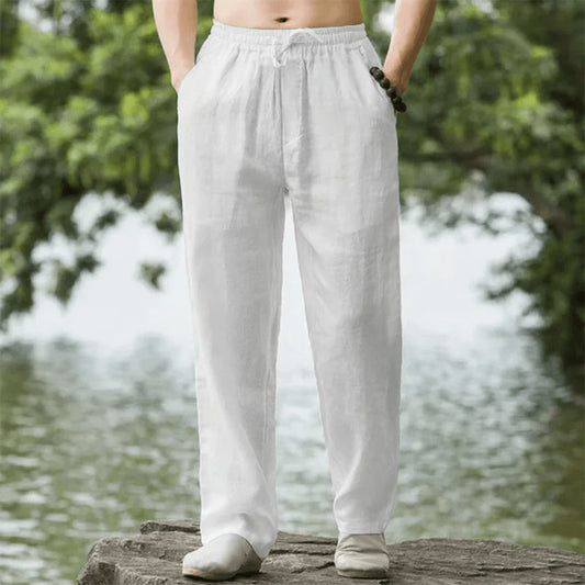 Mens Cotton Linen Beach Pants Casual Summer Joggers Loose Fit Trousers